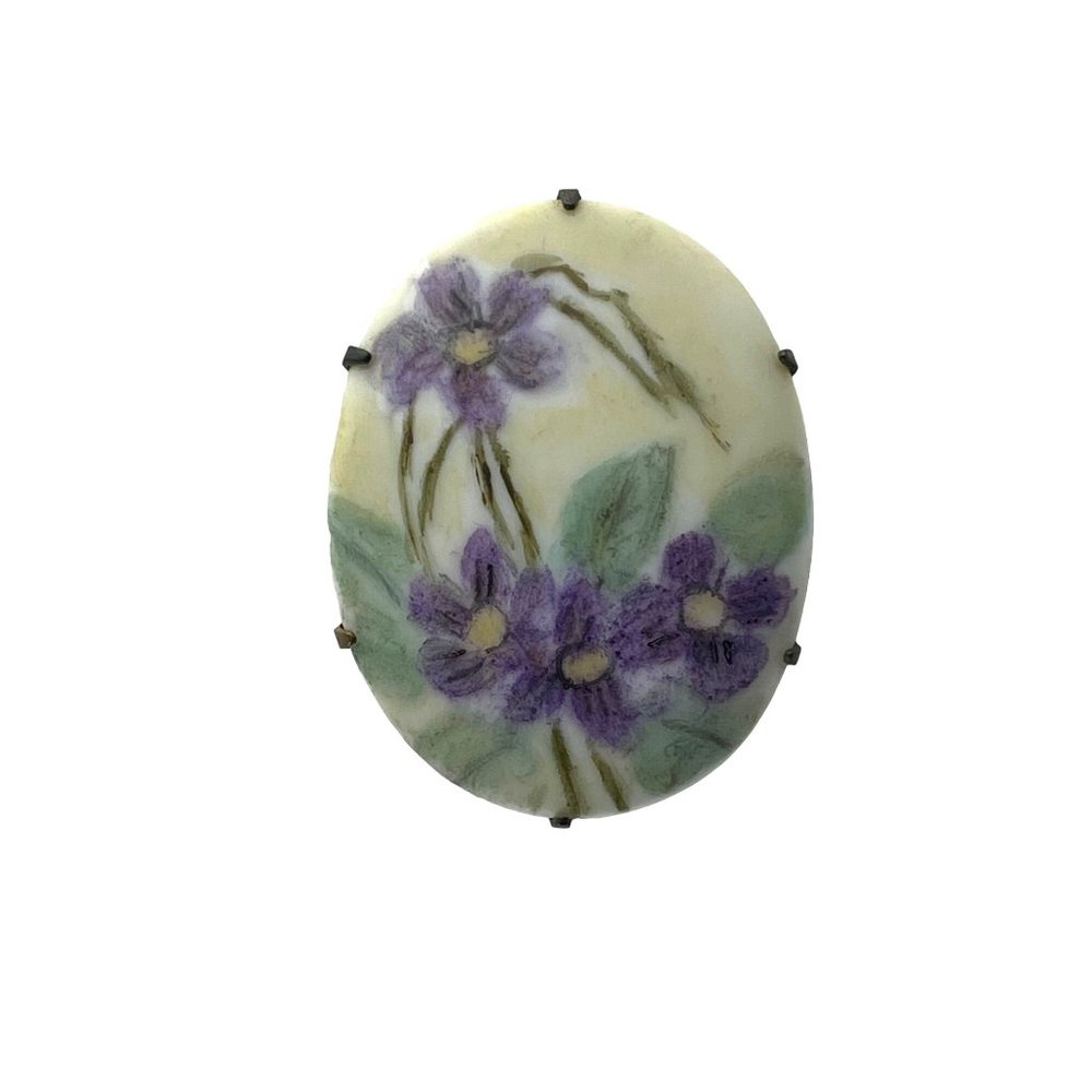 Antique Hand Painted Porcelain Violet Brooch Pin-Early 1900's-Pretty!